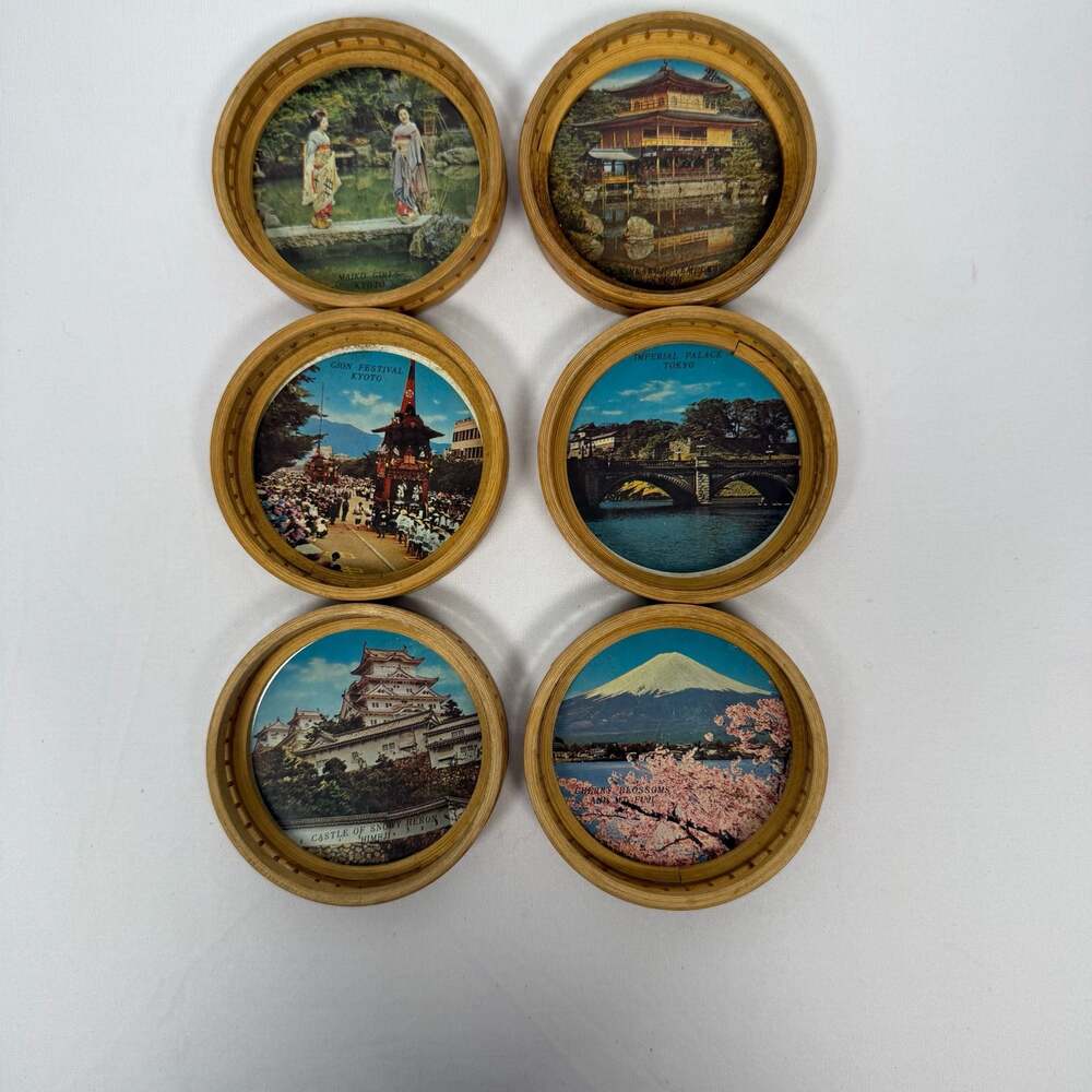 Vintage Japanese Bamboo Coaster Set of 6 Scenic Landmark Views
